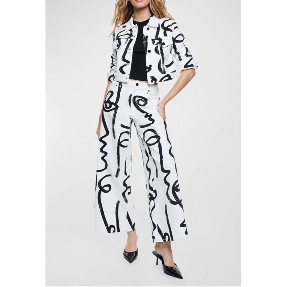 Alice+Olivia Chloe boxy white denim jacket artist shira barzilay collab - Picture 2 of 8